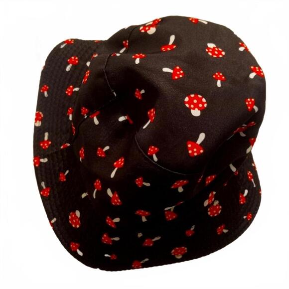 Accessories - Reversible Bucket Hat with Mushroom Print and Solid Black